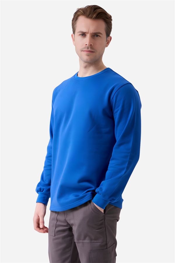 Saks Mavi Pamuklu Ve Uzun Kollu Kışlık Kadın/Erkek Unisex O/Bisiklet Yaka Sweatshirt