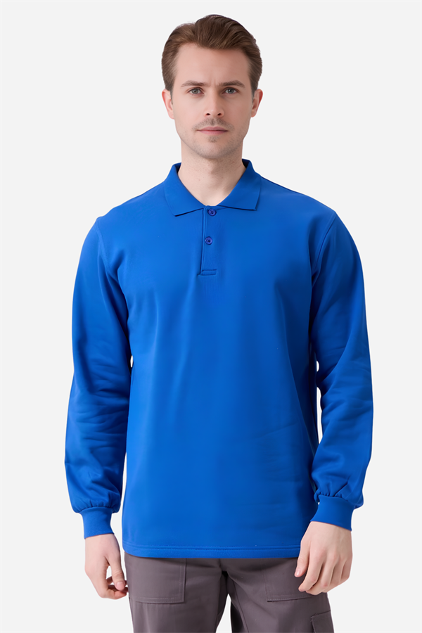 Saks Mavi Pamuklu Ve Uzun Kollu Kışlık Kadın/Erkek Unisex Polo Yaka Sweatshirt