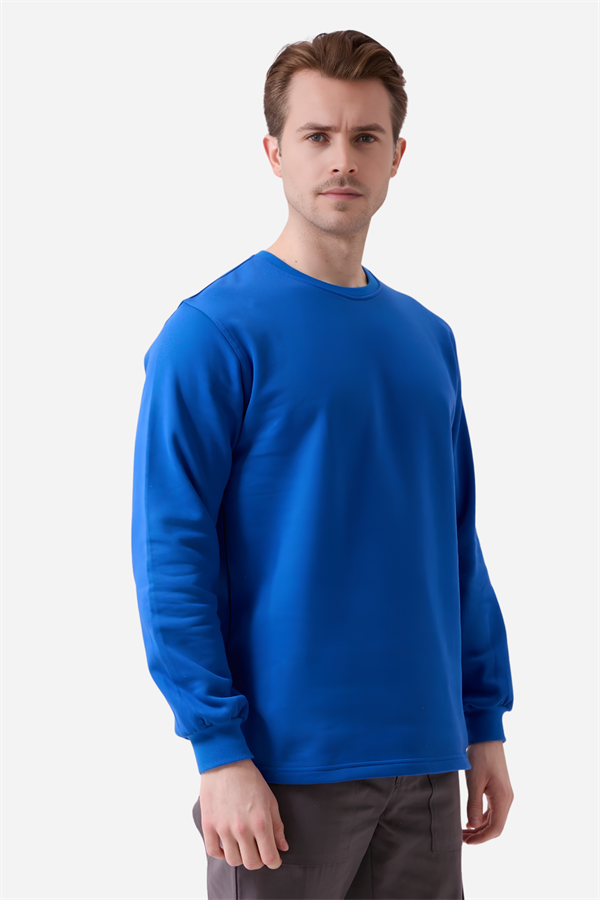 Saks Mavi Pamuklu Ve Uzun Kollu Kışlık Kadın/Erkek Unisex O/Bisiklet Yaka Sweatshirt