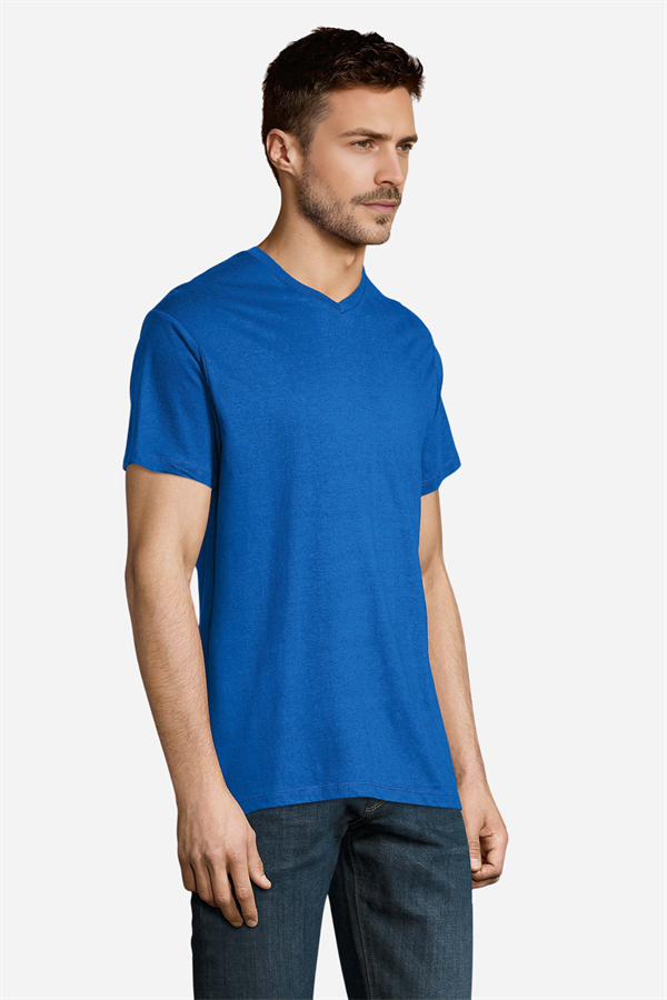 Saks Mavi Pamuklu ve Kısa Kollu Kadın/Erkek Unisex V Yaka Tişört