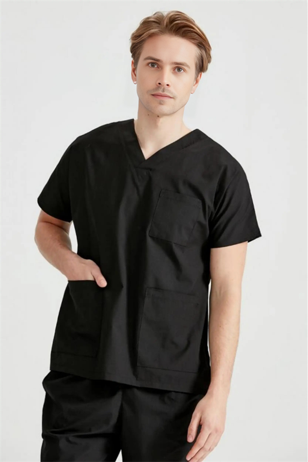 Siyah Likralı Medikal Doktor Hemşire Kadın/Erkek Unisex Scrubs Yaka Forma Takım
