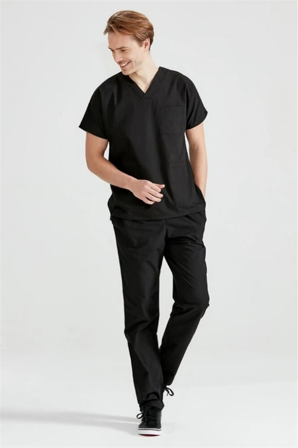Siyah Likralı Medikal Doktor Hemşire Kadın/Erkek Unisex Scrubs Yaka Forma Takım