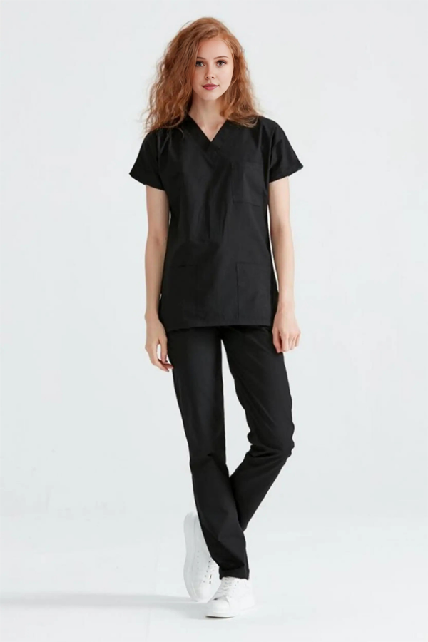 Siyah Likralı Medikal Doktor Hemşire Kadın/Erkek Unisex Scrubs Yaka Forma Takım