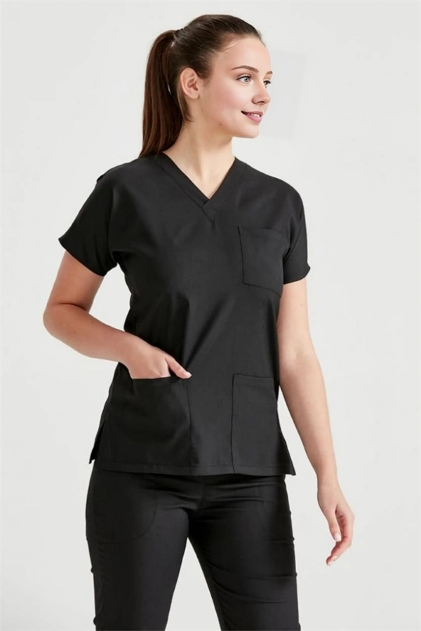 Siyah Likralı Medikal Doktor Hemşire Kadın/Erkek Unisex Scrubs Yaka Forma Takım