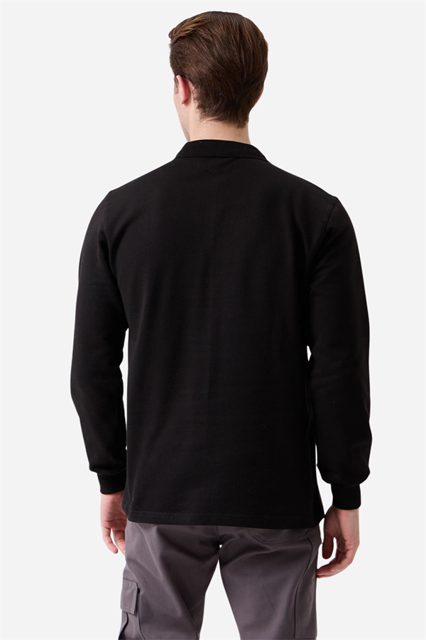 Siyah Pamuklu Ve Uzun Kollu Kışlık Kadın/Erkek Unisex Polo Yaka Sweatshirt