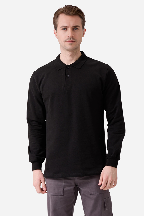 Siyah Pamuklu Ve Uzun Kollu Kışlık Kadın/Erkek Unisex Polo Yaka Sweatshirt