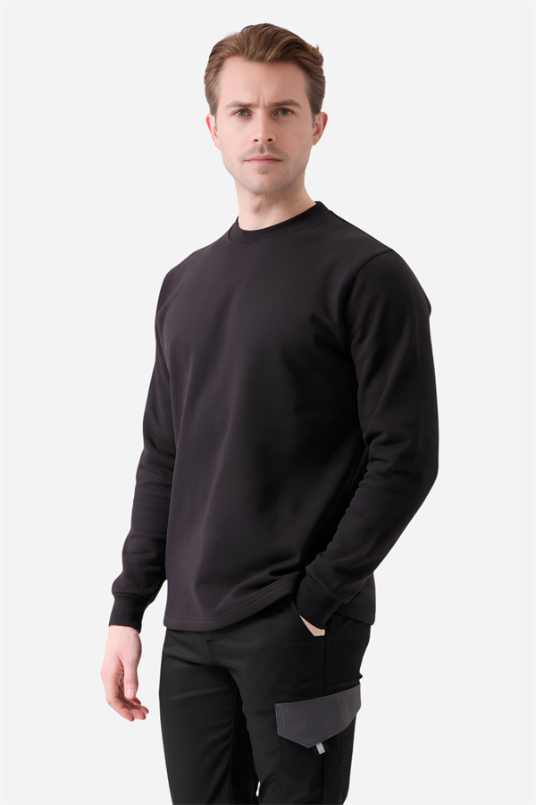 Siyah Pamuklu Ve Uzun Kollu Kışlık Kadın/Erkek Unisex O/Bisiklet Yaka Sweatshirt