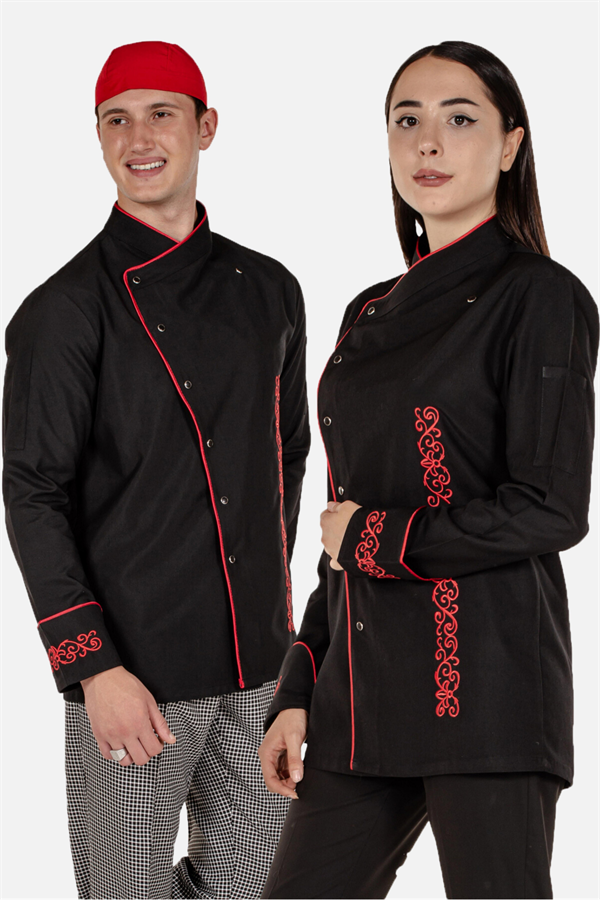 Siyah Unisex Nakış Desenli Ve Biyeli Aşçı Mutfak Şef Ceketi