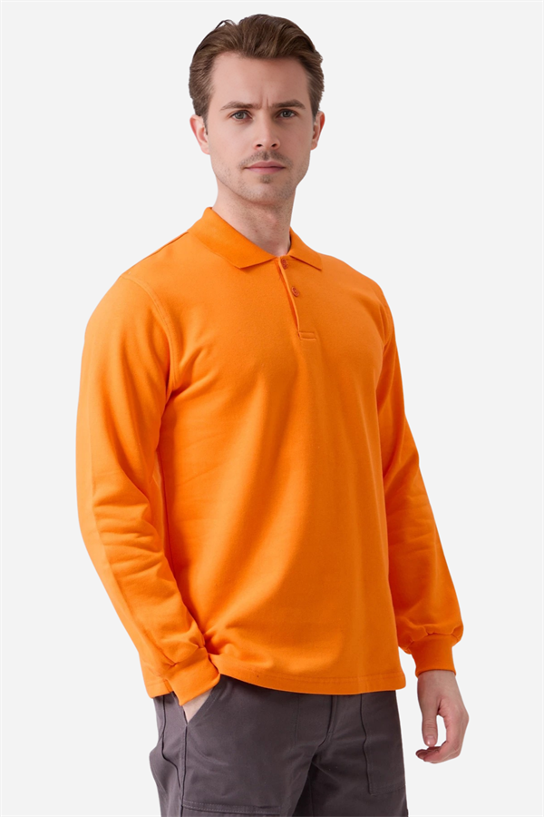 Turuncu Pamuklu Ve Uzun Kollu Kışlık Kadın/Erkek Unisex Polo Yaka Sweatshirt