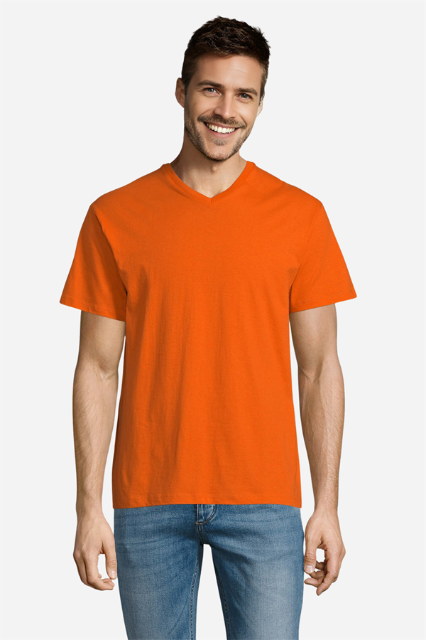 Turuncu Pamuklu ve Kısa Kollu Kadın/Erkek Unisex V Yaka Tişört