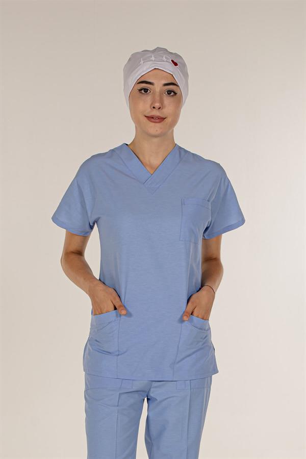 Açık Mavi Tek Üst Scrubs Terrycotton Doktor Hemşire Forma