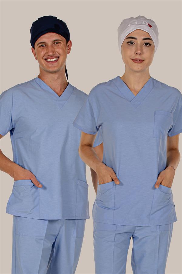 Açık Mavi Tek Üst Scrubs Terrycotton Doktor Hemşire Forma