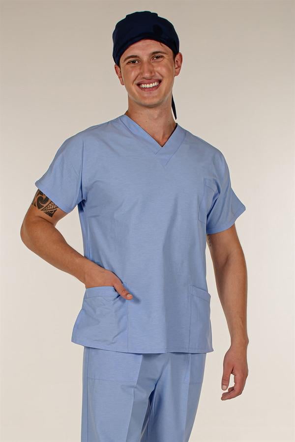 Açık Mavi Tek Üst Scrubs Terrycotton Doktor Hemşire Forma