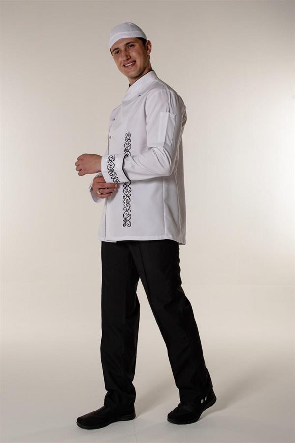 Beyaz Aşçı ve Mutfak Şef Ceketi Siyah Nakış Desenli ve Biyeli