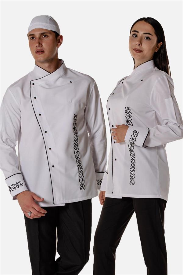 Beyaz Aşçı ve Mutfak Şef Ceketi Siyah Nakış Desenli ve Biyeli