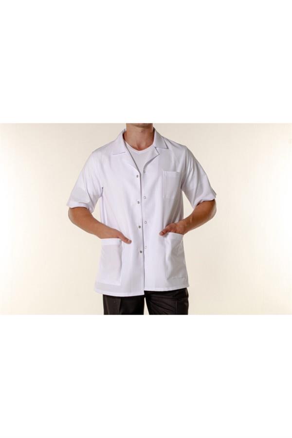 Beyaz Erkek İş Ceketi Açık Yaka Kısa Kollu