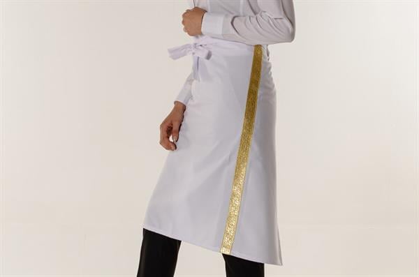 Beyaz Garson Aşçı ve Mutfak Şef Yarım Bel Önlük Sarı Sim Şeritli