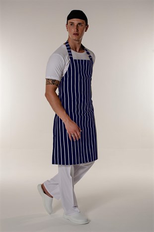 Beyaz-Lacivert Çizgili Garson Aşçı Ve Mutfak Şef Askılı Önlük