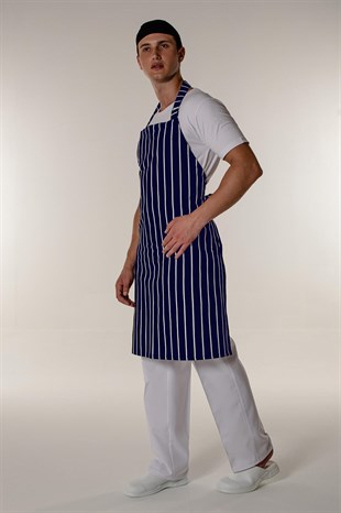 Beyaz-Lacivert Çizgili Garson Aşçı Ve Mutfak Şef Askılı Önlük