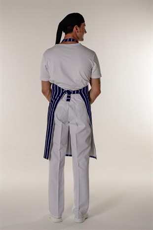 Beyaz-Lacivert Çizgili Garson Aşçı Ve Mutfak Şef Askılı Önlük