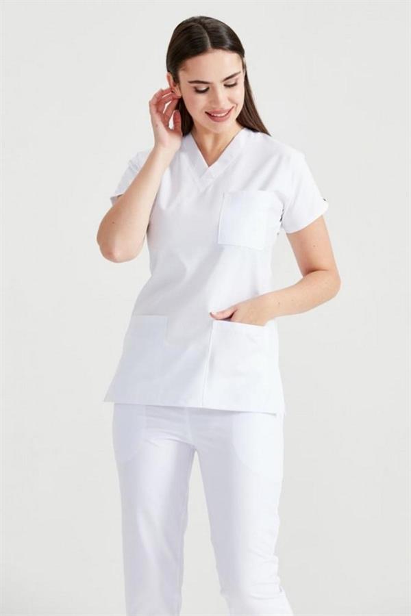 Beyaz Likralı Medikal Doktor Hemşire Unisex Scrubs Yaka Forma Takım