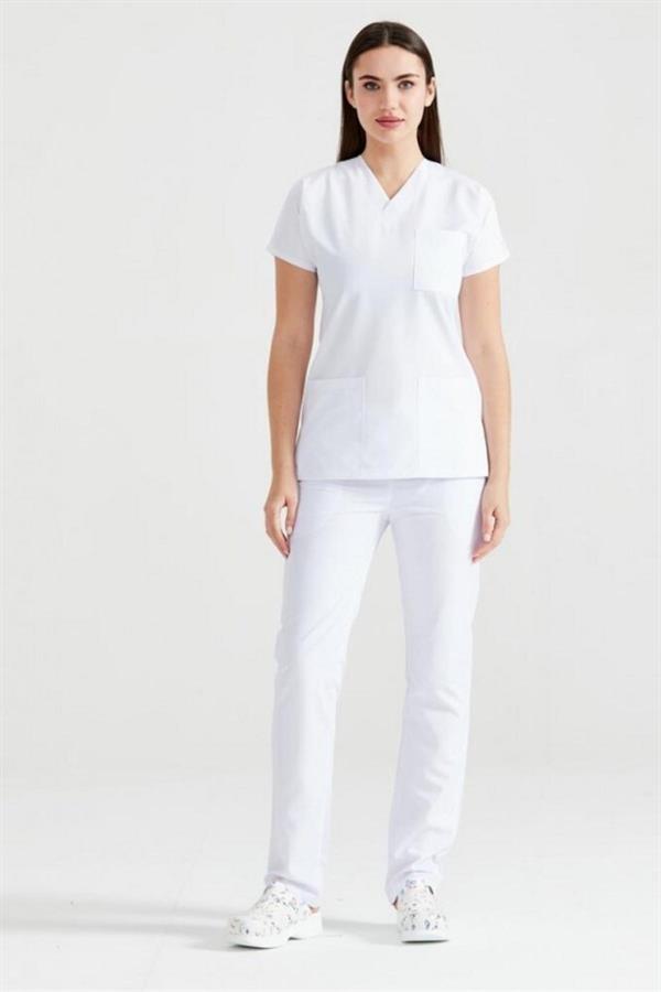 Beyaz Likralı Medikal Doktor Hemşire Unisex Scrubs Yaka Forma Takım