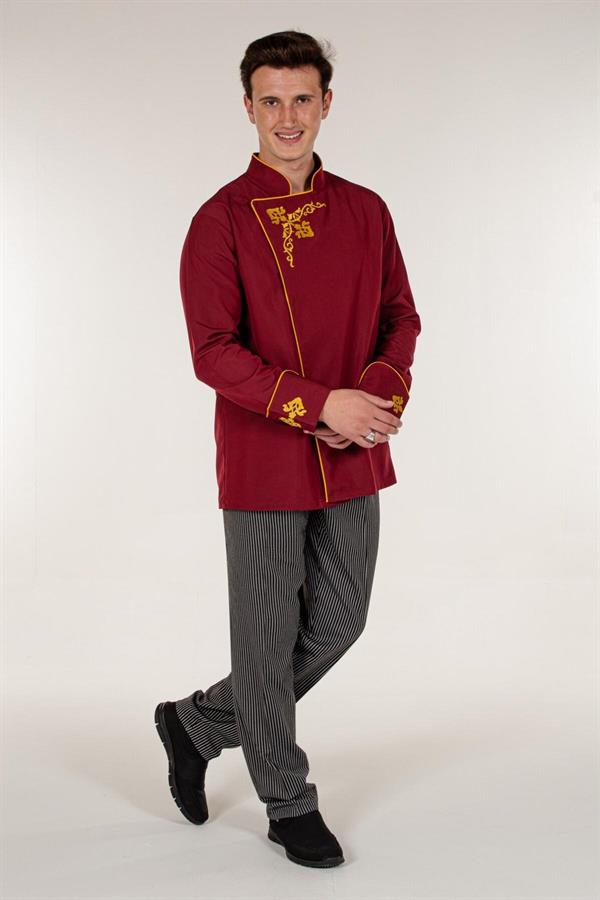 Bordo Aşçı ve Mutfak Şef Ceketi Altın Sarısı Nakış Desenli ve Şeritli