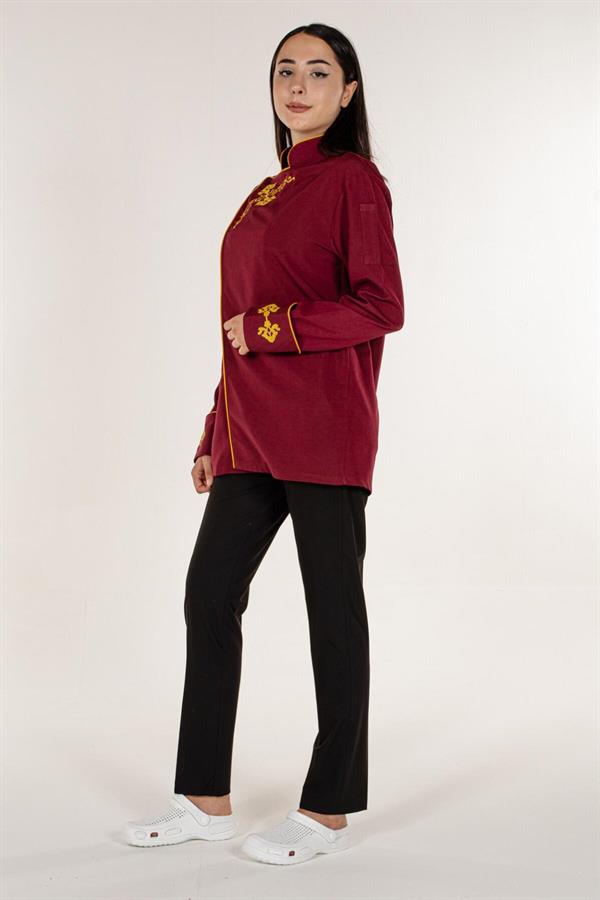 Bordo Aşçı ve Mutfak Şef Ceketi Altın Sarısı Nakış Desenli ve Şeritli