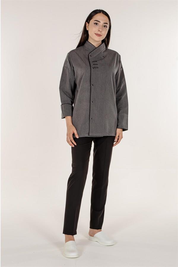 Gri Aşçı ve Mutfak Şef Ceketi Siyah Biyeli