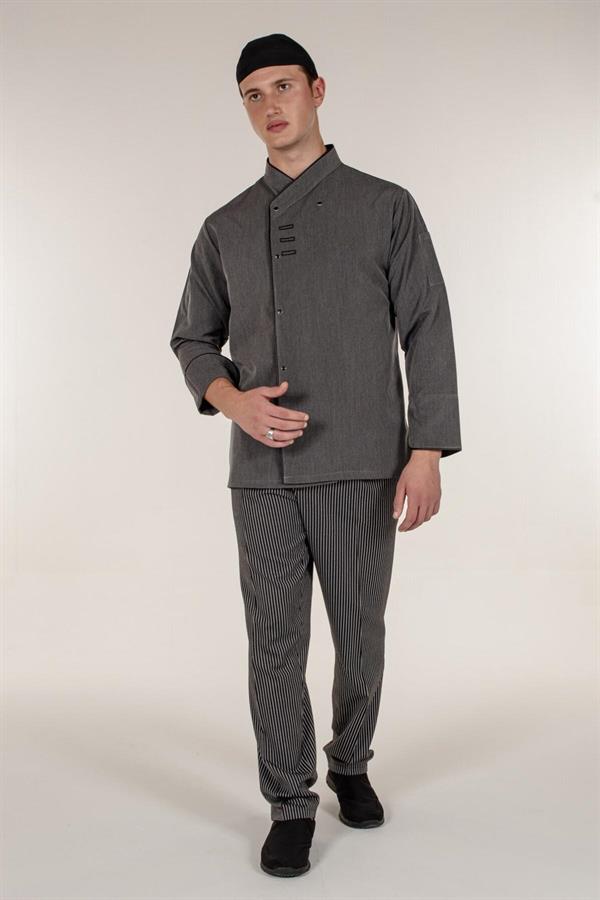 Gri Aşçı ve Mutfak Şef Ceketi Siyah Biyeli