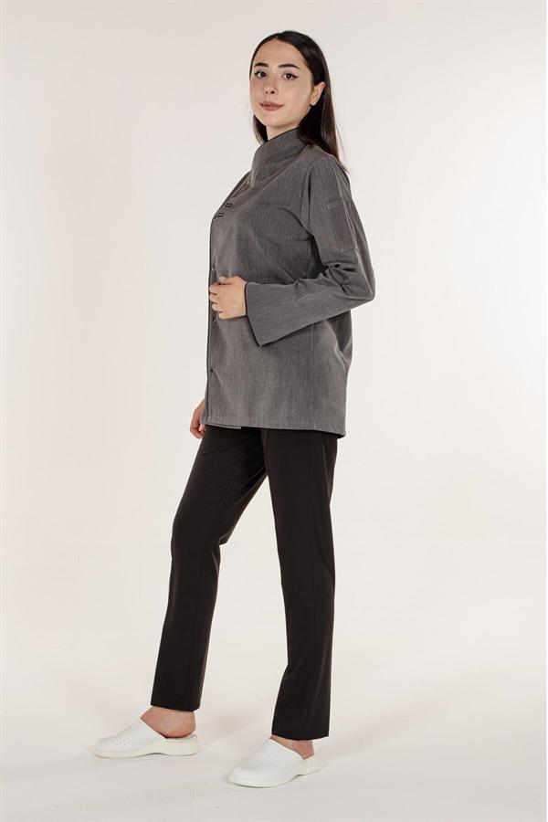 Gri Aşçı ve Mutfak Şef Ceketi Siyah Biyeli