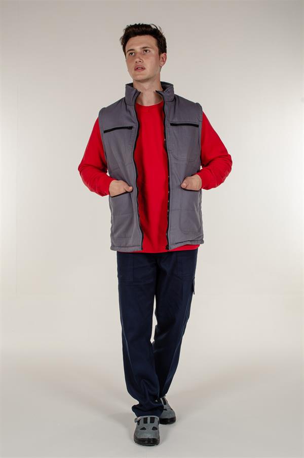 Gri Pamuklu Ve İçi Polarlı Çok Cepli Kışlık Yelek