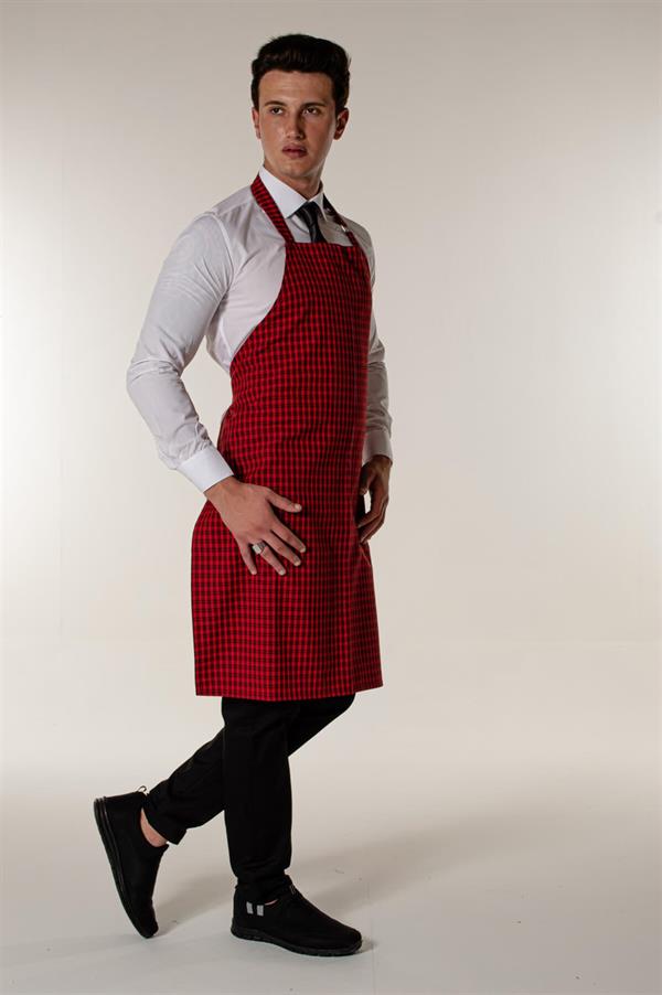 Kırmızı Kare Ekoseli Ayar Tokalı Garson Aşçı Ve Mutfak Askılı Önlük