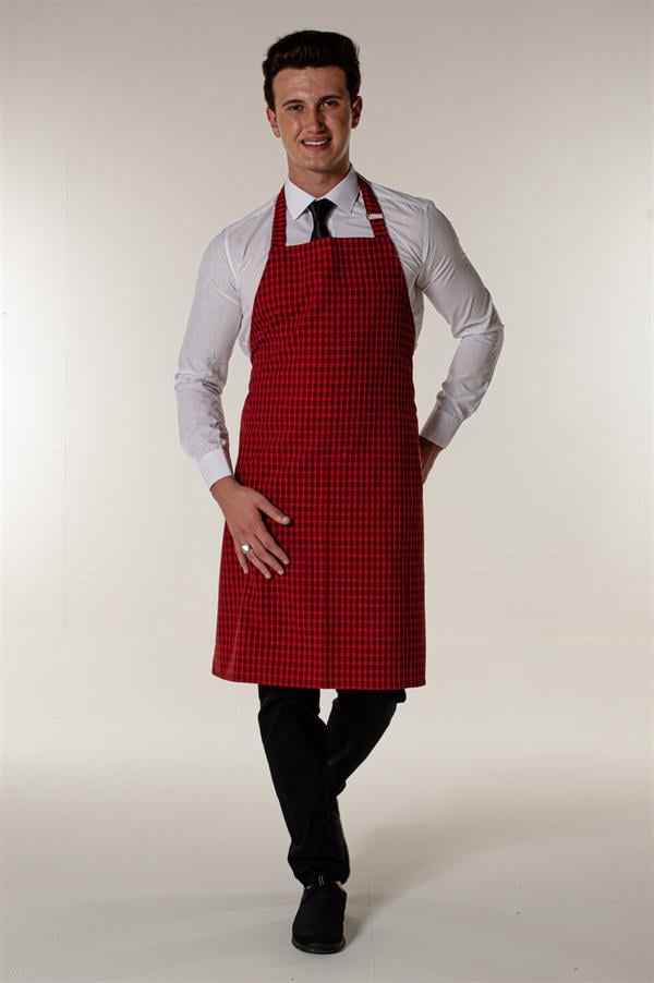 Kırmızı Kare Ekoseli Ayar Tokalı Garson Aşçı Ve Mutfak Askılı Önlük