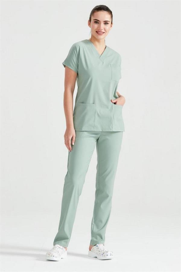 Küf Yeşili Likralı Medikal Doktor Hemşire Unisex Scrubs Yaka Forma Takım