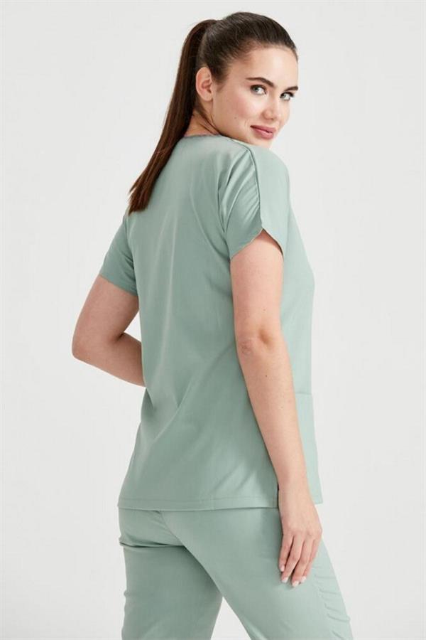 Küf Yeşili Likralı Medikal Doktor Hemşire Unisex Scrubs Yaka Forma Takım