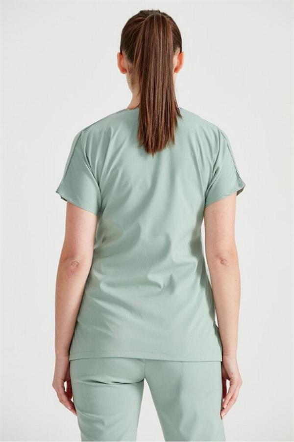 Küf Yeşili Likralı Medikal Doktor Hemşire Unisex Scrubs Yaka Forma Takım