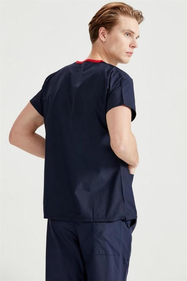 Lacivert Likralı Medikal Doktor Hemşire Unisex Scrubs Yaka Forma Takım