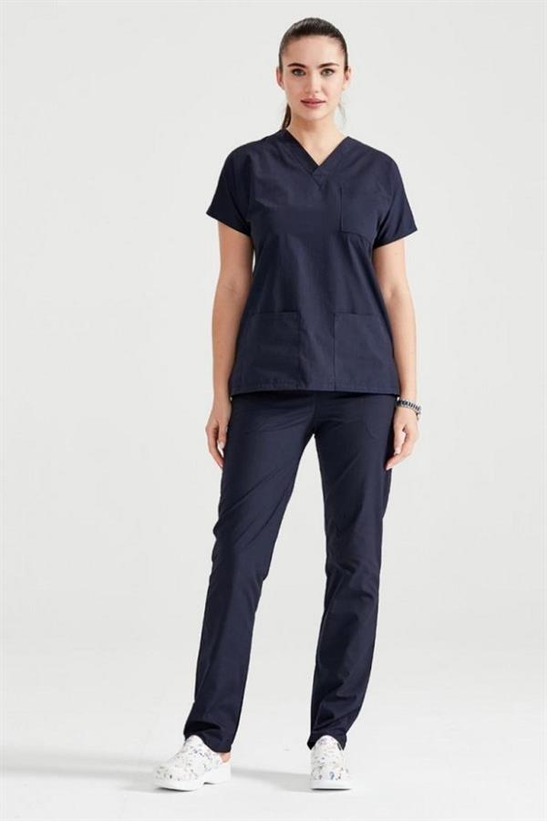 Lacivert Likralı Medikal Doktor Hemşire Unisex Scrubs Yaka Forma Takım