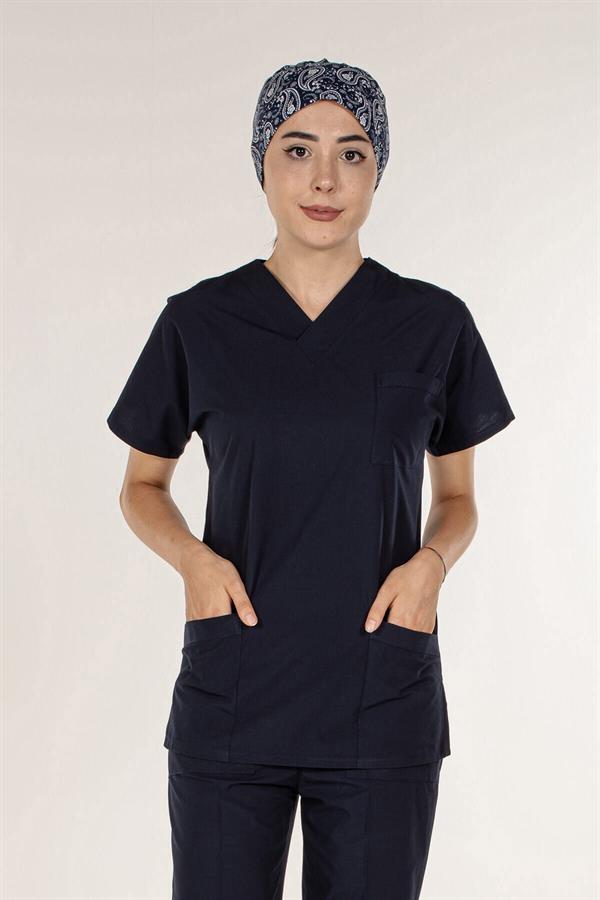 Lacivert Tek Üst Scrubs Terrycotton Doktor Hemşire Forma
