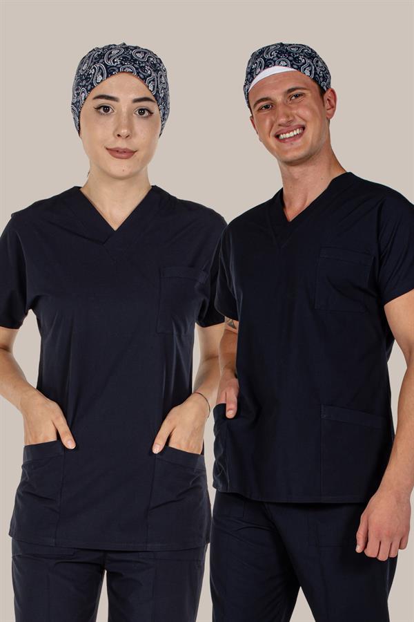 Lacivert Tek Üst Scrubs Terrycotton Doktor Hemşire Forma