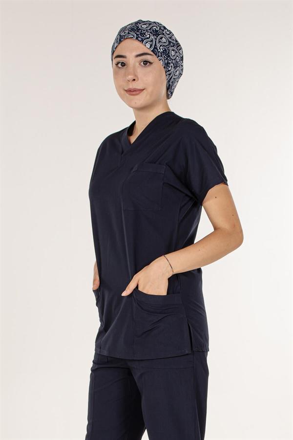 Lacivert Tek Üst Scrubs Terrycotton Doktor Hemşire Forma