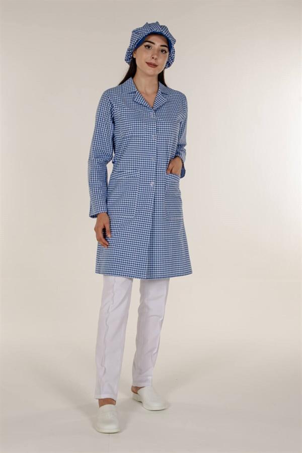 Mavi Pötikare Açık Yaka Kadın İş Önlük