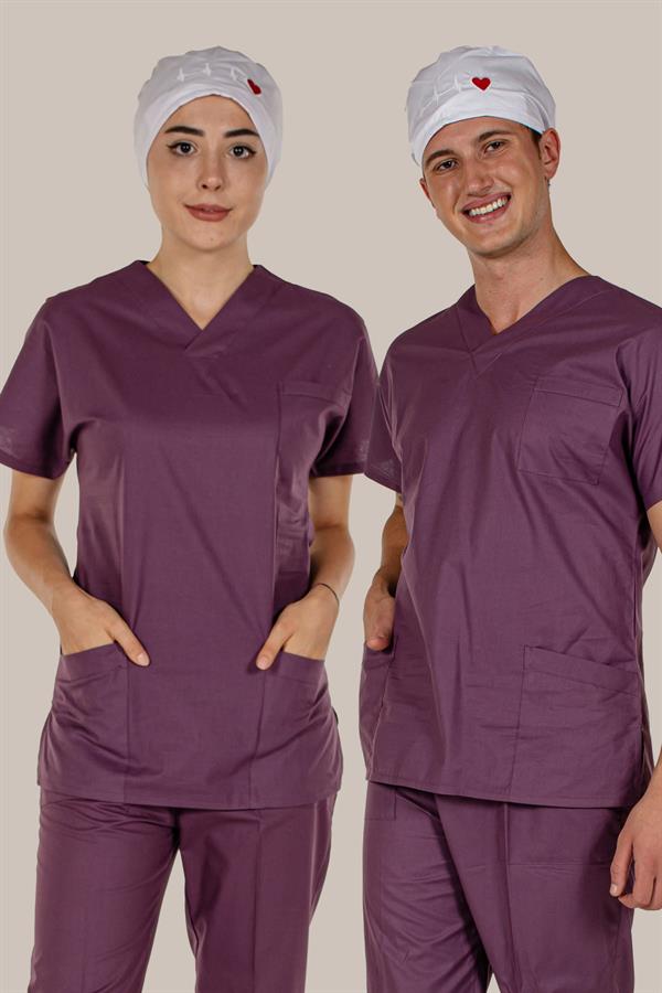 Mürdüm Tek Üst Scrubs Terrycotton Doktor Hemşire Forma