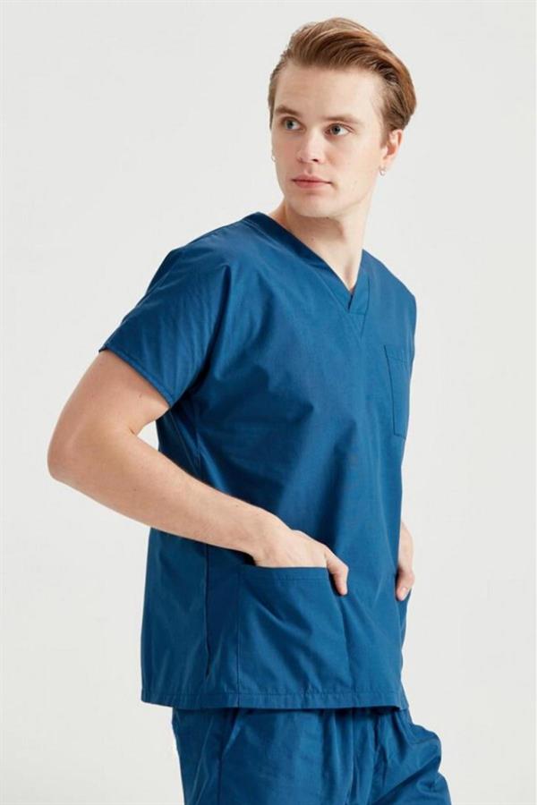 Petrol Mavisi Likralı Medikal Doktor Hemşire Unisex Scrubs Yaka Forma Takım