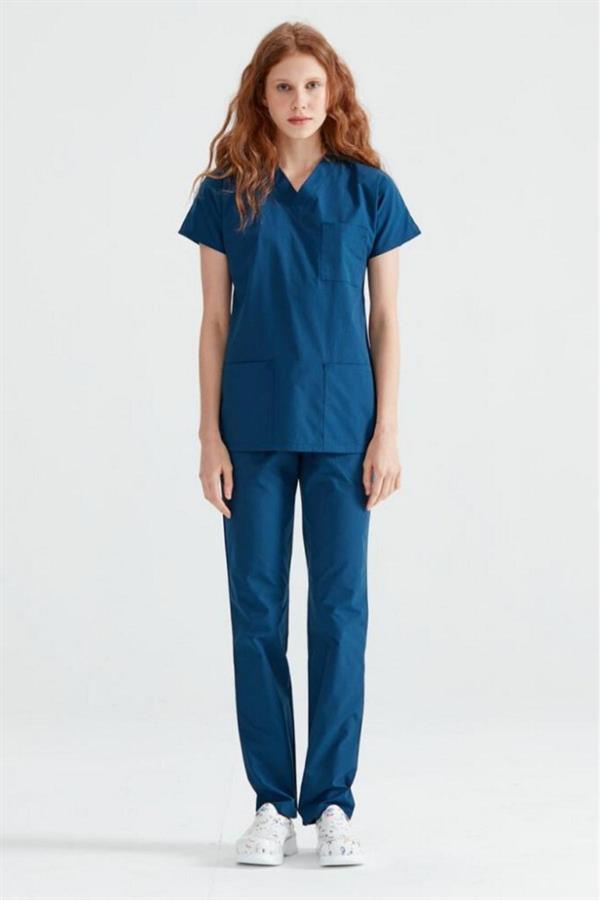 Petrol Mavisi Likralı Medikal Doktor Hemşire Unisex Scrubs Yaka Forma Takım