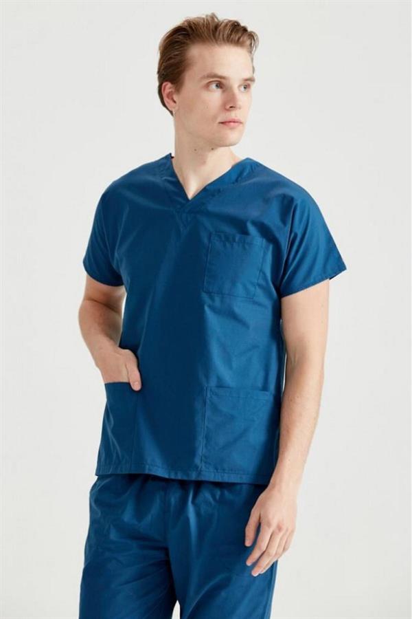 Petrol Mavisi Likralı Medikal Doktor Hemşire Unisex Scrubs Yaka Forma Takım