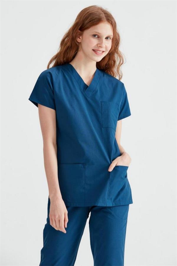 Petrol Mavisi Likralı Medikal Doktor Hemşire Unisex Scrubs Yaka Forma Takım
