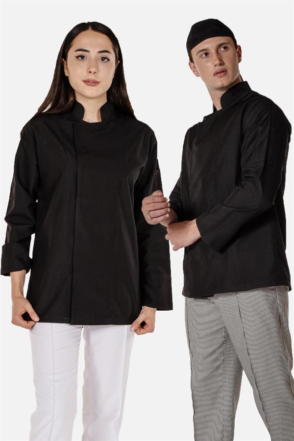 Siyah Aşçı ve Mutfak Şef Ceketi Gizli Çıtçıtlı