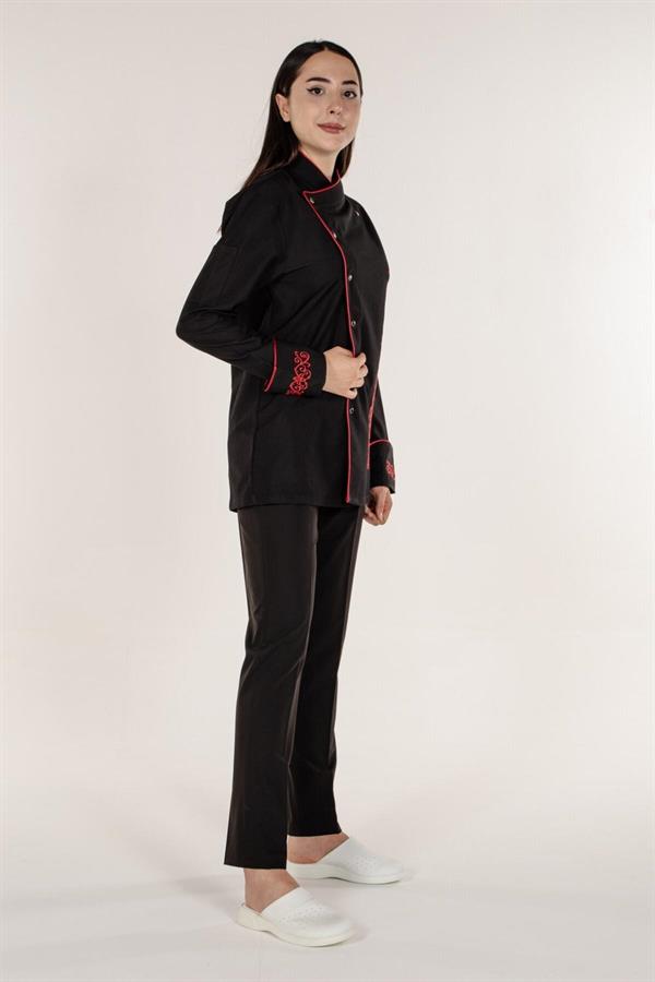 Siyah Aşçı ve Mutfak Şef Ceketi Kırmızı Nakış Desenli ve Biyeli